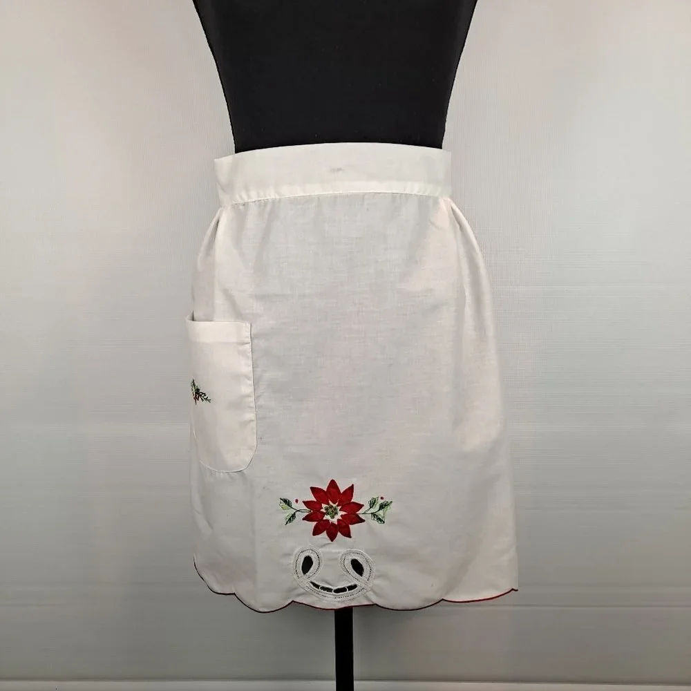 Vintage Holiday Apron Applique Poinsettia & Embroidery